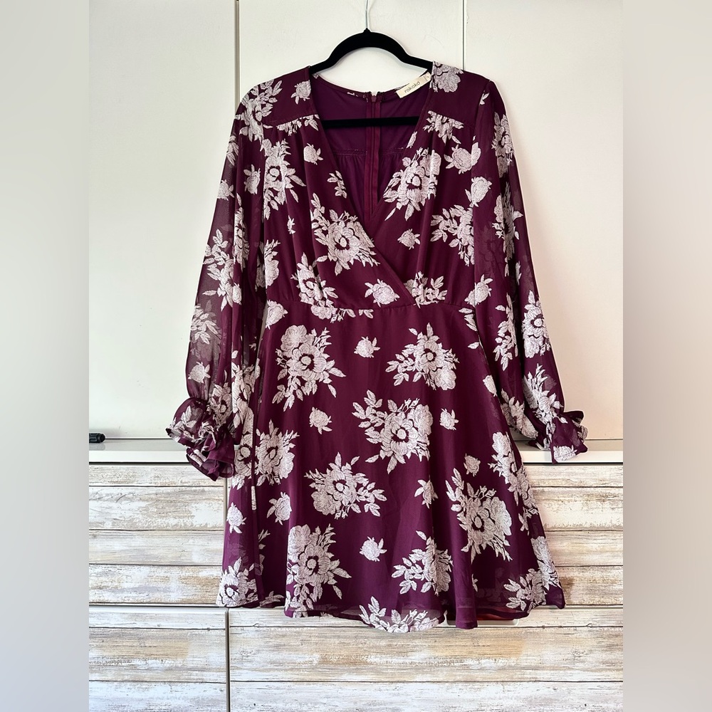 🌸 Rokoko Purple Floral Dress Sheer Bishop Sleeves Size S Embroidered Lined
